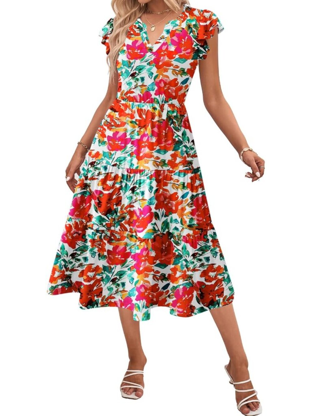 Women's Floral Summer Boho Dress Ruffle Sleeve V Neck Midi Dress with Pockets